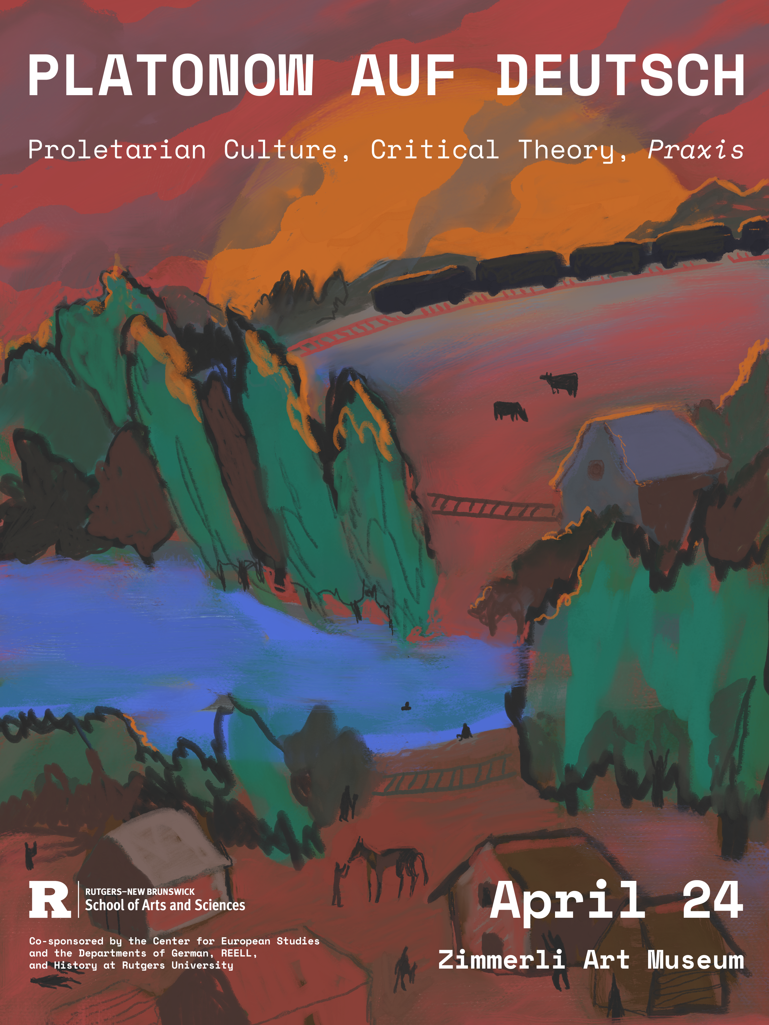 A flyer for the "Platonow auf Deutsch" event held at the Zimmerli Art Museum on 4/24/26